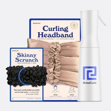 1 Curling Headband Cream, 5 Satin Scrunchies Black, and 1 Mister Spray Bottle