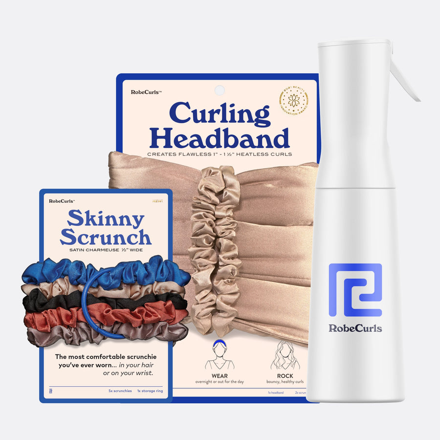 1 Curling Headband Cream, 5 Satin Scrunchies Multi, and 1 Mister Spray Bottle